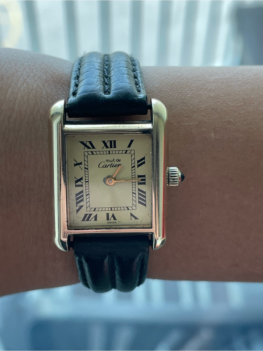 1970’s Vintage Must De Cartier Tank, Gold Plated, Sapphire Cabochon, Manual Wind